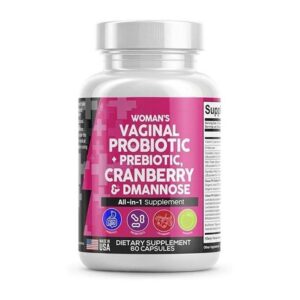 Probiotics Women's Vaginal Probiotic + Prebiotic, Cranberry & D-Mannose – Intimate Health, pH Balance, UTI & Yeast Support – 60 Capsules All in One Supplement White